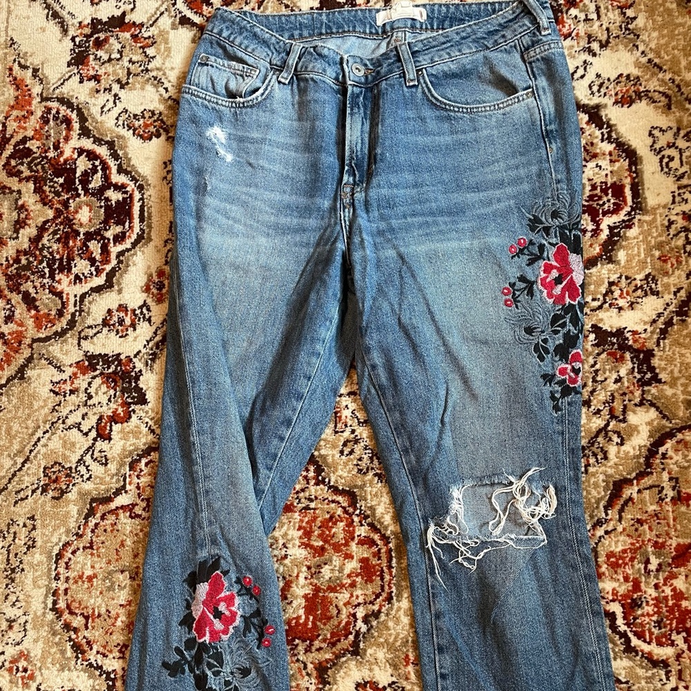 H&M Embroidered Distressed Jeans